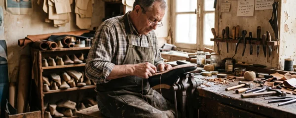 Un bottier coud à la main une chaussure en cuir sur son établi d'atelier.