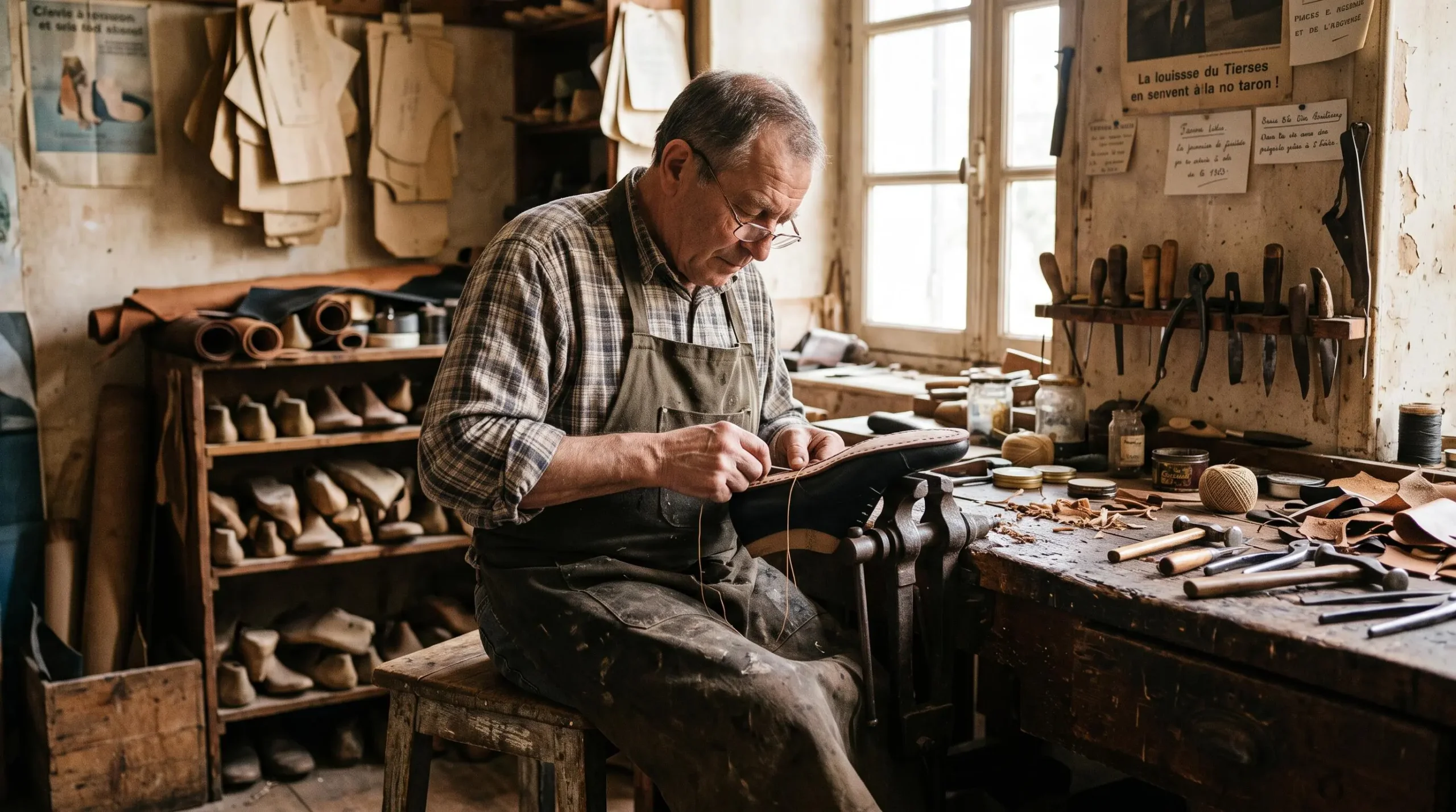 Un bottier coud à la main une chaussure en cuir sur son établi d'atelier.