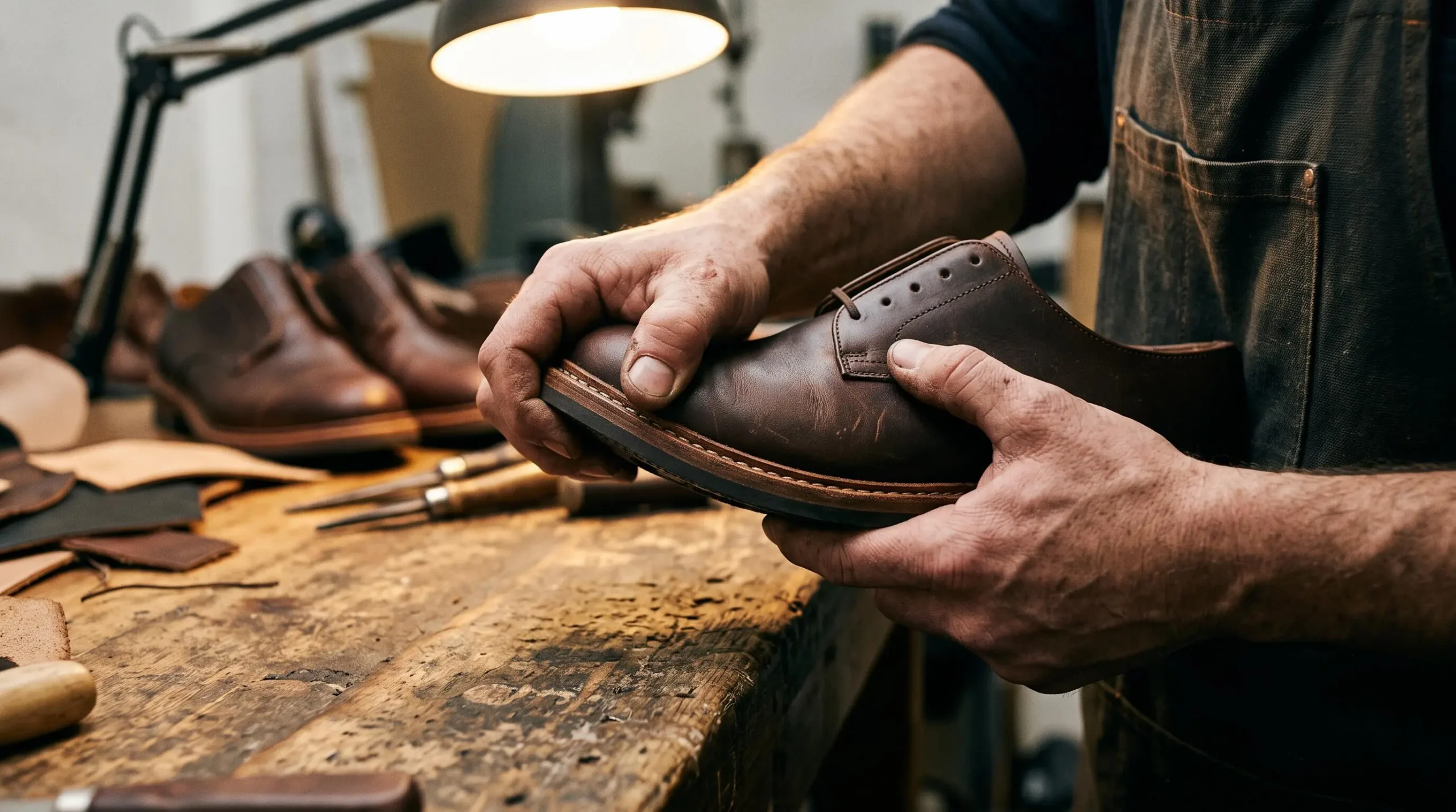 Un contrôleur vérifie la couture et la semelle d'une chaussure en cuir.