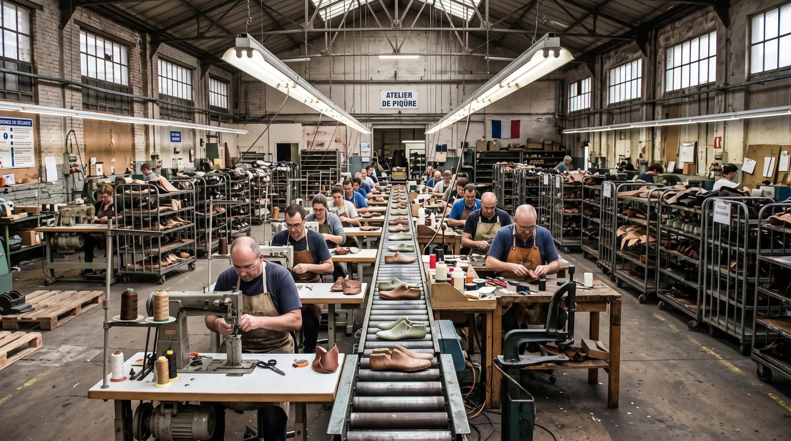 Des opérateurs travaillent sur une ligne de montage de chaussures en usine.